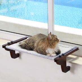 Easy Seat Cat Perch for Window Sill - Hammock Design w/Pine Wood & Robust Metal Frame - Cat Window Seat for Large Cats and Kittens (Natural Color Wood w/White Bed, Medium (23''W x 14''D))