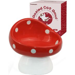 Raised Ceramic Cat Bowl, Mushroom Cute Elevated Cat Bowls Whisker Friendly, Premium Food-Grade Ceramic, Red