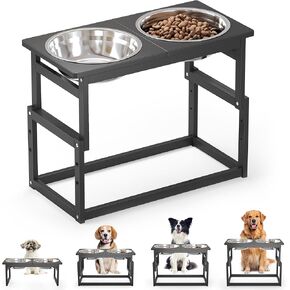 Elevated Dog Bowls for Large Dogs, Raised Dog Bowl Stand with 2 Large Water Food Bowls Wooden Elevated Raised Dog Bowls for Large Medium Small Sized Dogs (Black, Large 4L)