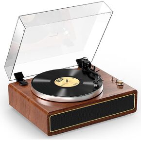 All-in-one Record Player Turntable with Built-in Speakers Vinyl Record Player Support Wireless Playback Auto Stop 33&45 RPM Speed RCA Line Out AUX in Belt-Drive Turntable for Vinyl Records Mahogany