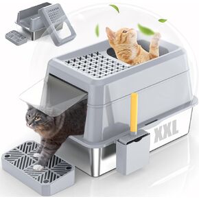 EPN Stainless Steel Cat Litter Box with Lip, XXL Extra Large Enclosed Removable Metal Litter Box for Big Cats, High Sided Enclosure, Scoop & Footboard, Leak-Proof, Odorless, Easy to Clean（Light Grey