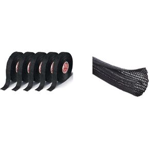 25ft - 1/4 inch Cable Protector Wire Loom Tubing Sleeve Split Sleeving for USB Power Cord Audio Video Cable - Black and Tesa 51608 15m X 19mm Adhesive Wiring Loom Cloth Tape 5 Pcs