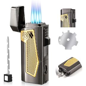 4 Torch Jet Flame Lighter with Punch & Holder - Refillable Butane Windproof Torch Lighter - Multi-Functional Lighter Accessory,Premium Gift for Men（Without Butane）