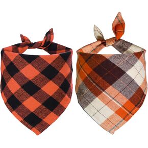 STMK 2 Pack Fall Dog Bandanas, Halloween Thanksgiving Day Dog Bandanas, Multi Sizes Orange Plaid Holiday Bandanas for Small Medium Large Dogs (Large)