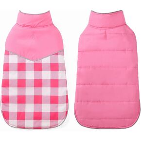 Geyecete Dog Winter Coat,Reversible Dog Coat Water Resistant British Style Plaid Dog Winter Coats Leash Hole Soft Basic Warm Dog Coat Jacket-Pink-M
