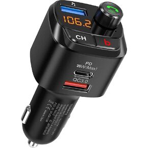 USB-C Bluetooth FM Transmitter for car, BT 5.3 Car Charger PD20W+QC3.0 7 Colour, Handsfree Call and Music Stereo Audio Player, Car Kit Dual USB & Type C Charging Adapter Support TF Card & Flash Drive