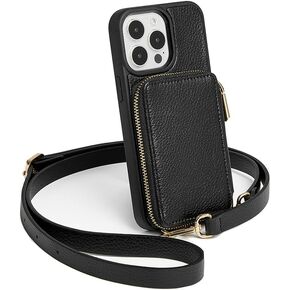 ZVE for iPhone 14 Pro Crossbody Wallet Case, Card Holder Zipper Phone Case with Wrist Strap, RFID Blocking Leather Purse for Women Compatible with iPhone 14 Pro, 6.1 inch, 2022-Black