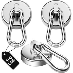 3 Pack Strong Magnetic Hooks with Carabiner Hook, 100 LBS Heavy Duty Magnetic Hooks Strong Neodymium Magnets, Magnet Hooks with Swivel for Kitchen, Hanging, Cruise, Grill