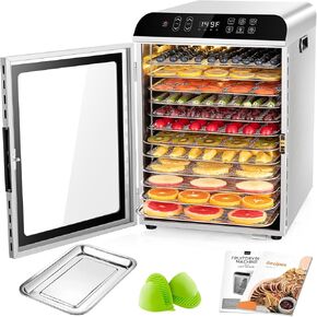 KWASYO Food Dehydrator With Recipe Function,12 Trays All Stainless Steel, Dehydrator Food Dryer For Meat,Fruit,Vegetables,Flower| 24h Adjustable Timer, 86℉-194℉Temperature Control, 800W