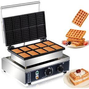 110V Commercial Square Waffle Maker, 10 Grids 1600W Electric Waffles Maker Stainless Steel Belgian Waffle Iron Nonstick Waffle Machine for Restaurant Bakeries, Snack Bar