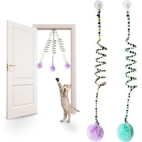 Andiker Cat Spring Toy, Self-Play Stretchable Door Hanging Cat Toy with Bell for Indoor Interactive Cat Toy, Soft Plush Ball with Spring Kitten Toy for Cat Kitten Playing Exercising (Green+Purple)