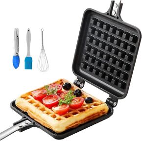 Cast Aluminum Stovetop Belgium Waffle Iron, 5.2 x 5.7 Inches Camping Waffle Maker Pan, Portable Aluminum Waffle Maker Pan for Family Breakfast Baking, Comes with Oil Brush,Stirrer and Clip