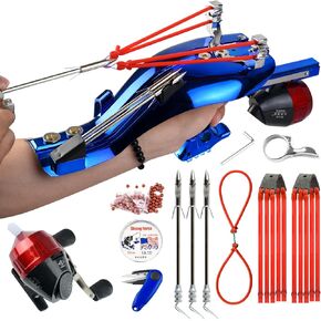 Slingshot Professional Fishing Slingshot Kit with Reel High Precision Catapult with Arrows Rubber Bands and Fish Dart Finger Upgrade Slots for Custom DIY Enhancements Blue
