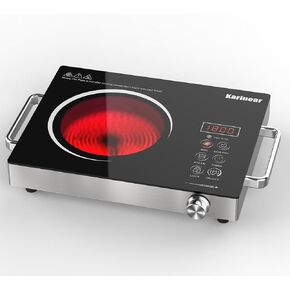 Karinear Portable Electric Stove 110V, 1800W Electric Hot Plate with Handle, Knob Control Single Burner Electric Cooktop, Ceramic Infrared Countertop Burner, Timer, Safety Lock