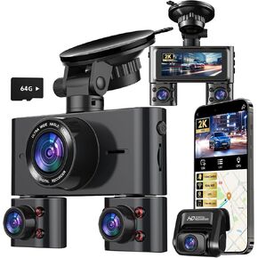 Dash Cam 360°, Dash Camera for Cars Front and Rear Inside, 4 Channel 4K/2K FHD Mini Dashcam, Built-in WiFi GPS, with 64GB Card, Voice Control, WDR,HDR,Night Vision, 24/7 Parking Mode(Upgraded Version)