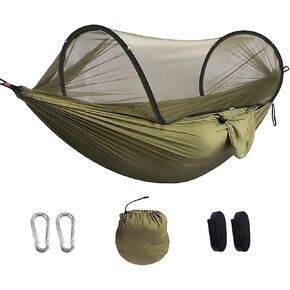 Automatic Quick Opening Mosquito net Hammock, Outdoor Camping Pole Mosquito Proof Hammock, Anti Rollover Nylon Hammock with Mosquito net and Storage Bag, Deep Army Green