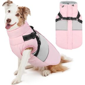 AOFITEE Dog Winter Coat, Waterproof Dog Jacket Winter, Dog Coat with Harness Built in, Warm Fleece Dog Puffer Jacket with Zipper, Reflective Dog Sweater for Small Dogs, Dachshund, French Bulldog, Pink