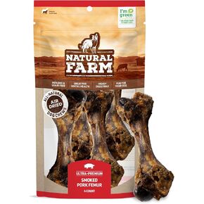 Natural Farm Smoked Pork Femur (4 Pack), 100% Natural Ham Bones for Dogs, High in Minerals & Vitamins, Mental Stimulation, Grain-Free Long-Lasting Bones for Large and Medium Dogs
