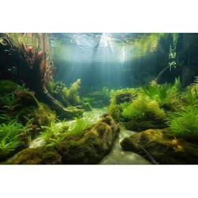 Aquarium Background Freshwater Ecosystem Aquarium Backdrop Algae Aquatic Plants Moss Aquatic Grass with Sunlight Terrarium Background Amazing Clear Water Fish Tank Decor Vinyl 24x16in