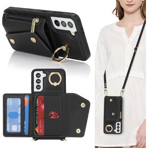 for Samsung Galaxy S21 Case with Card Holder and Strap - Zipper Pocket,Crossbody Lanyard Strap,Credit Card Holder,Stand Ring,Cute Phone Wallet Case for Women(White Leopard,6.2 Inch)