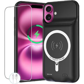 حافظة بطارية لهاتف iPhone 16 Plus، حافظة شحن واقية محمولة بقدرة 12000 مللي أمبير في الساعة مع شحن لاسلكي متوافقة مع iPhone 16 Plus (6.7 بوصة) حافظة شاحن بطارية قابلة لإعادة الشحن مع Carplay (أسود)