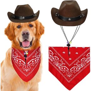 Dog Cowboy Hat and Bandana Dog Cowboy Costume Dog Halloween Costumes Funny Dog Costume for Small Medium Large Dogs Pets (Dark Brown Hat & Red Bandana, Large)