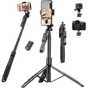 60" Selfie Stick Phone Tripod - Extendable Selfie Stick Tripod Stand with Remote 360° Rotating Portable Travel Tripod Phone Stabilizer for iPhone Android Camera Video Recording Vlogs