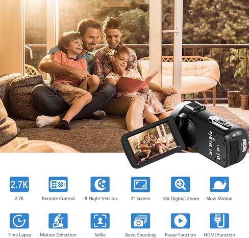 Camcorder 2.7K Video Camera Digital Camera 30MP 16X Digital Zoom 3.0'' 30 FPS Flip Screen Vlogging YouTube Camera with Remote Control and 2 Batteries-Black in Kuwait