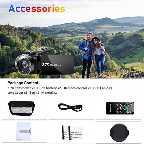 Camcorder 2.7K Video Camera Digital Camera 30MP 16X Digital Zoom 3.0'' 30 FPS Flip Screen Vlogging YouTube Camera with Remote Control and 2 Batteries-Black in Kuwait