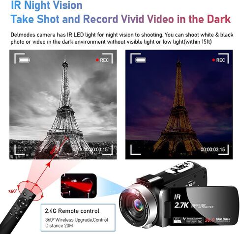 Camcorder 2.7K Video Camera Digital Camera 30MP 16X Digital Zoom 3.0'' 30 FPS Flip Screen Vlogging YouTube Camera with Remote Control and 2 Batteries-Black in Kuwait