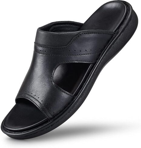FIEEIF Men's Leather Slides Open Toe Outdoor Slippers Comfort Arch Support Retro Casual Flip Flops Summer Fisherman Slip On Sandals for Men in Kuwait