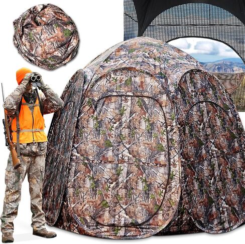 صيد أرض عمياء محمولة، 30% أكبر من الداخل 4 أشخاص 300D بوليستر ستائر صيد متينة خيمة منبثقة لصيد الغزلان والديك الرومي مع حقيبة حمل 84 بوصة × 74 بوصة × 78 بوصة ارتفاع (مموه) in Kuwait