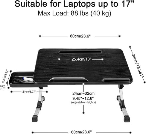 Laptop Desk for Bed, Adjustable Height and Angle, Laptop Lap Desk with Tablet Stand and Drawer, Bed Table Fits Laptop up to 17.3", Laptop Stand for Bed, Couch, Floor (23.6" x 13.4", Black) in Saudi Arabia