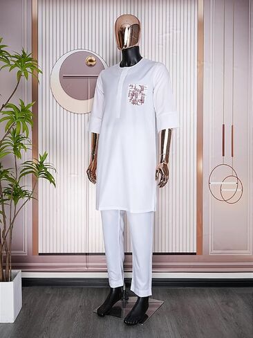 HD African Dashiki Outfit Embroidery Shirt and Pants Short Sleeves Parent-Child Clothes Set for Men in Saudi Arabia