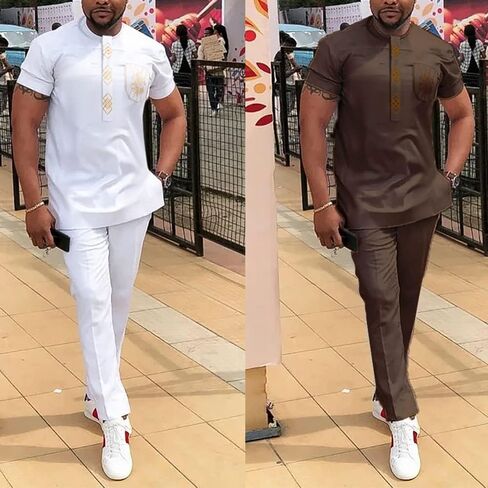HD الأفريقية Dashiki الزي التطريز قميص وسروال قصيرة الأكمام مجموعة ملابس الوالدين والطفل للرجال in Kuwait