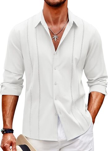قميص COOFANDY رجالي كوبي Guayabera كاجوال بأزرار سفلية وأكمام طويلة وقمصان من الكتان للشاطئ in Kuwait