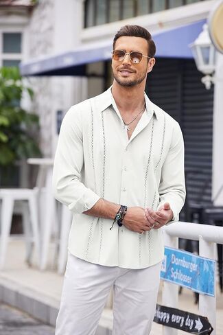 قميص COOFANDY رجالي كوبي Guayabera كاجوال بأزرار سفلية وأكمام طويلة وقمصان من الكتان للشاطئ in Kuwait