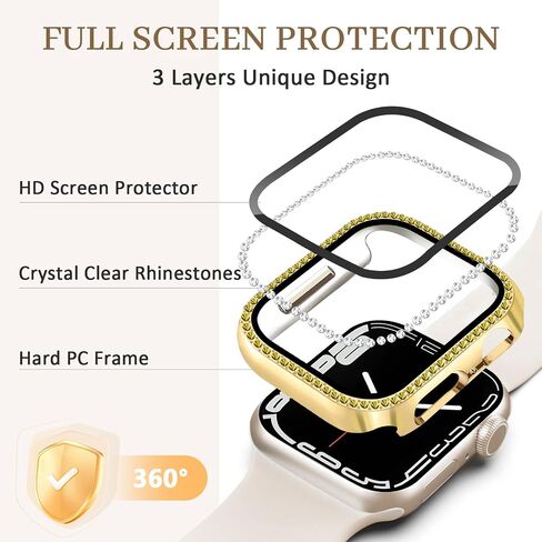 حافظة JR.DM مكونة من قطعتين مع واقي شاشة HD متوافق مع Apple Watch Series 4 5 6 SE 40 مم، غطاء وجه نسائي لامع من حجر الراين الماسي لملحقات iWatch 40 مم شفاف/ذهبي in Saudi Arabia