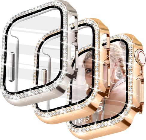 JR.DM 2 Pack Bling Case with HD Screen Protector Compatible with Apple Watch Series 4 5 6 SE 40mm, Women Glitter Diamond Rhinestone Bumper Face Cover for iWatch Accessories 40mm Clear/Gold in Kuwait