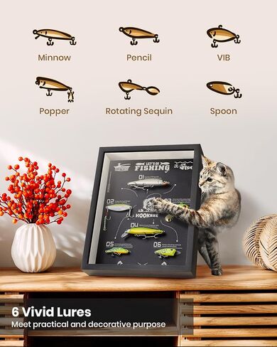 Fishing Gifts for Men, HOOK-EZE Fishing Lures Shadow Box, 6 Bass Fishing Baits for Topwater, Unique Fathers Day Fishing Gifts for Dad Papa Grandpa, Cool Birthday Ideas | Black in Saudi Arabia