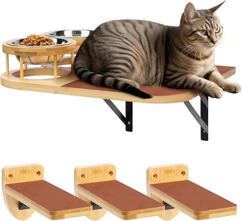 Navaris Cat Shelves Feeder - Right Wall Mounted Bamboo Bed Feeder - Includes Two Steel Bowls and Three Shelf Steps - Space Saving Cat Climbing Furniture in Saudi Arabia