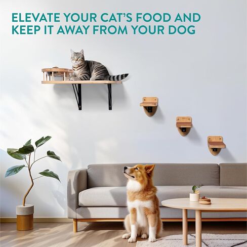 Navaris Cat Shelves Feeder - Right Wall Mounted Bamboo Bed Feeder - Includes Two Steel Bowls and Three Shelf Steps - Space Saving Cat Climbing Furniture in Saudi Arabia