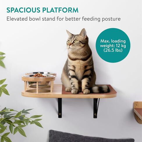 Navaris Cat Shelves Feeder - Right Wall Mounted Bamboo Bed Feeder - Includes Two Steel Bowls and Three Shelf Steps - Space Saving Cat Climbing Furniture in Saudi Arabia