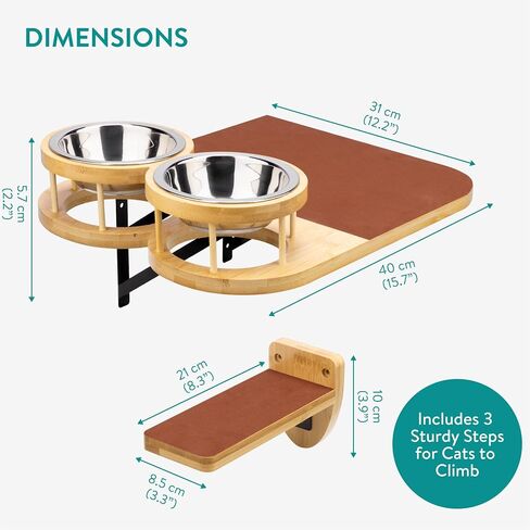 Navaris Cat Shelves Feeder - Right Wall Mounted Bamboo Bed Feeder - Includes Two Steel Bowls and Three Shelf Steps - Space Saving Cat Climbing Furniture in Saudi Arabia