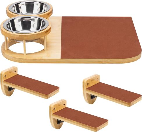 Navaris Cat Shelves Feeder - Right Wall Mounted Bamboo Bed Feeder - Includes Two Steel Bowls and Three Shelf Steps - Space Saving Cat Climbing Furniture in Saudi Arabia