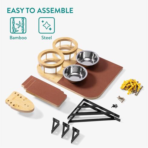 Navaris Cat Shelves Feeder - Right Wall Mounted Bamboo Bed Feeder - Includes Two Steel Bowls and Three Shelf Steps - Space Saving Cat Climbing Furniture in Saudi Arabia
