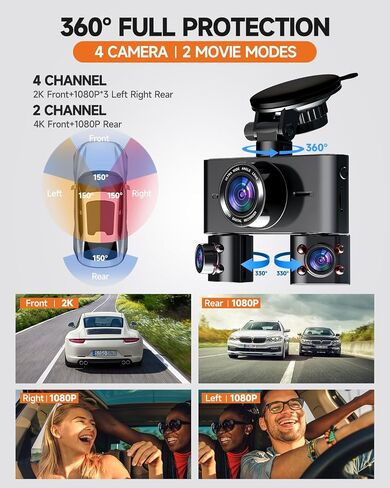 Dash Cam 360°, Dash Camera for Cars Front and Rear Inside, 4 Channel 4K/2K FHD Mini Dashcam, Built-in WiFi GPS, with 64GB Card, Voice Control, WDR,HDR,Night Vision, 24/7 Parking Mode(Upgraded Version) in Kuwait