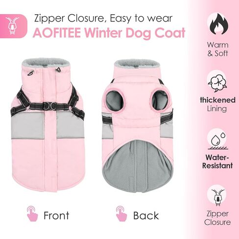 AOFITEE Dog Winter Coat, Waterproof Dog Jacket Winter, Dog Coat with Harness Built in, Warm Fleece Dog Puffer Jacket with Zipper, Reflective Dog Sweater for Small Dogs, Dachshund, French Bulldog, Pink in Saudi Arabia