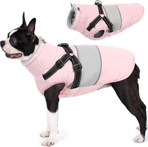 AOFITEE Dog Winter Coat, Waterproof Dog Jacket Winter, Dog Coat with Harness Built in, Warm Fleece Dog Puffer Jacket with Zipper, Reflective Dog Sweater for Small Dogs, Dachshund, French Bulldog, Pink in Saudi Arabia