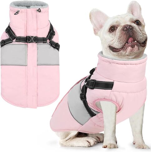 AOFITEE Dog Winter Coat, Waterproof Dog Jacket Winter, Dog Coat with Harness Built in, Warm Fleece Dog Puffer Jacket with Zipper, Reflective Dog Sweater for Small Dogs, Dachshund, French Bulldog, Pink in Saudi Arabia